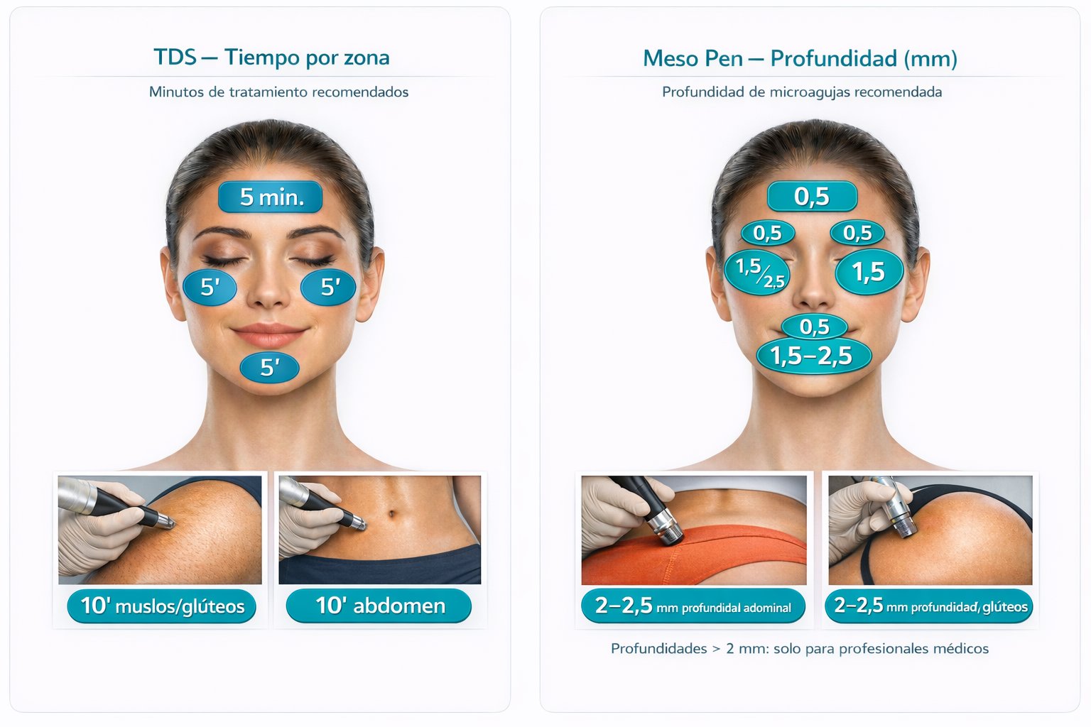 Infografía: TDS tiempos de tratamiento por zona facial y corporal. Meso Pen profundidades de microagujas recomendadas por zona.